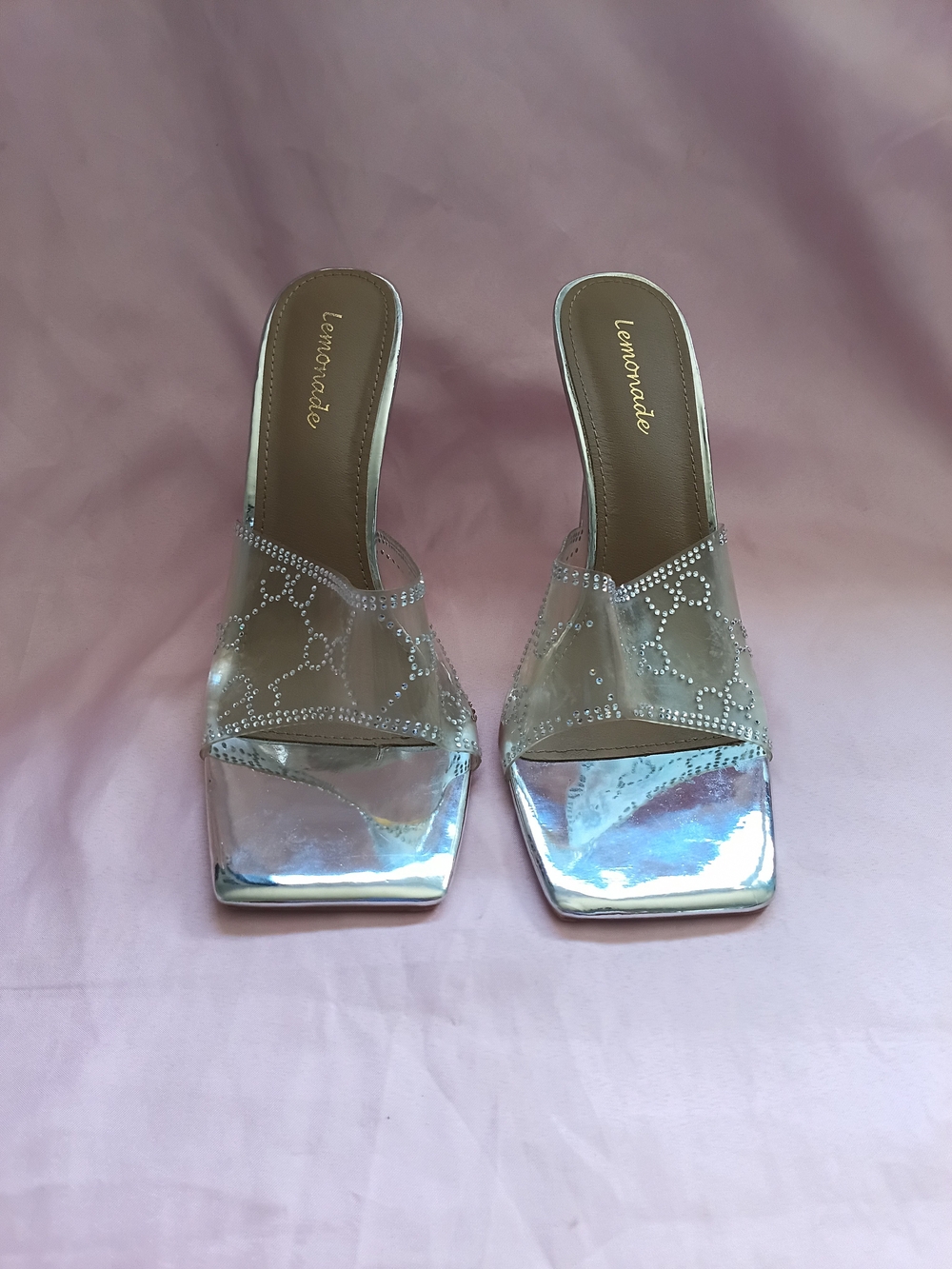 Lemonade Silver Rhinestone Clear-Strap Square-Toe Slide Sandals Sz 8.5